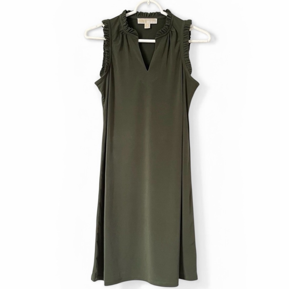 Michael Kors Olive V-Neck Ruffle-Trim Midi Dress